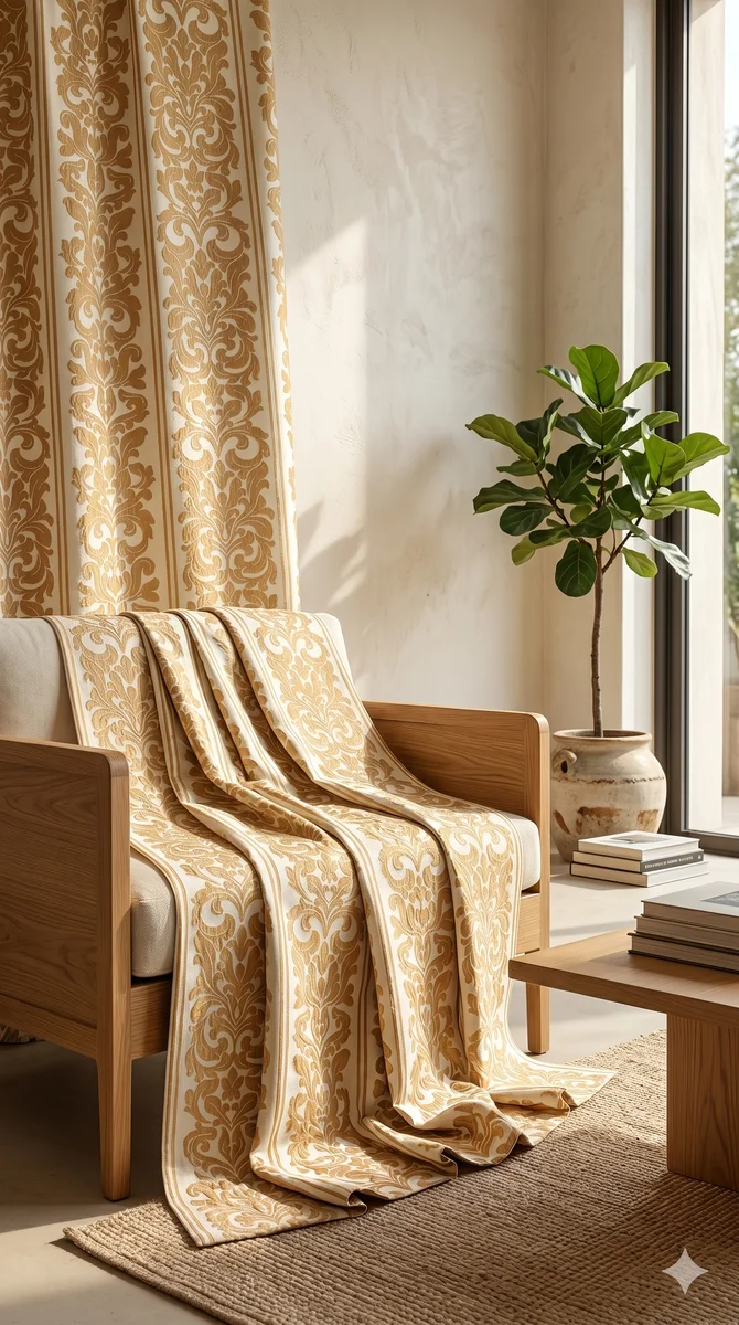 48 Inches Width Damask Beige Polyester Fabric spread