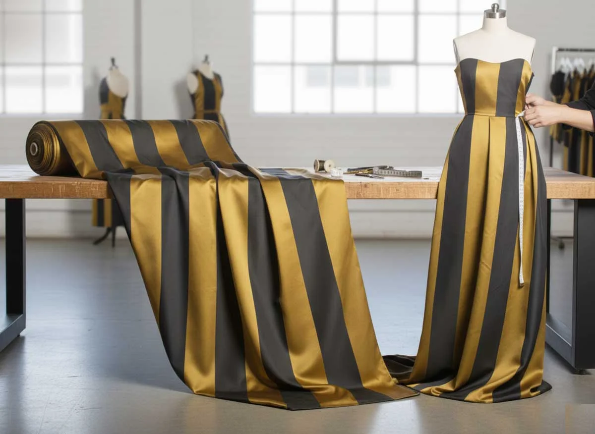 Black Gold Satin Stripes Tafetta Fabric spread