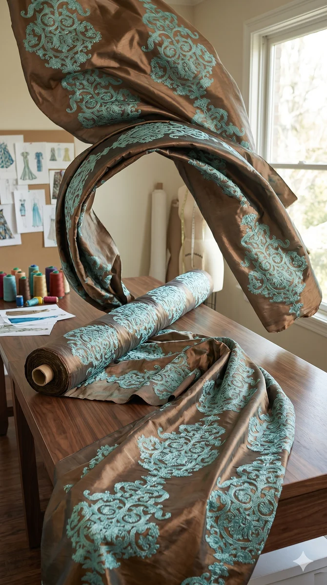 Blue Thread Embroidery Poly Dupion Fabric spread